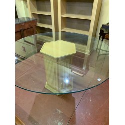 Mesa comedor columna madera tapa cristal
