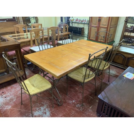 Mesa comedor rect roble y forja + 6 sillas