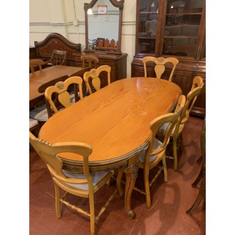 Mesa comedor oval pino ext + 6 sillas tap beige