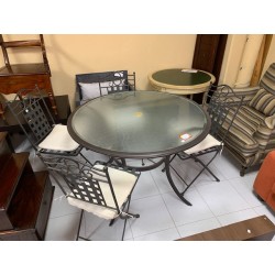 Mesa redonda jardin forja tapa cristal + 4 sillas forja