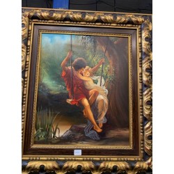 Oleo pareja en columpio firmado marco dorado envejecido