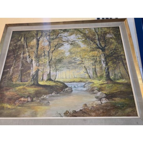 Oleo paisaje rio con arboles firmado