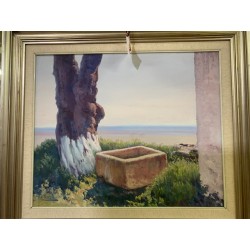 Oleo paisaje pilon en campo firmado A. Iniesta
