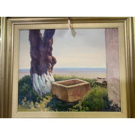 Oleo paisaje pilon en campo firmado A. Iniesta