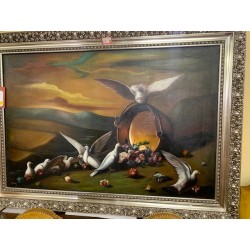 Oleo Palomas con caldero en marcado y firmado