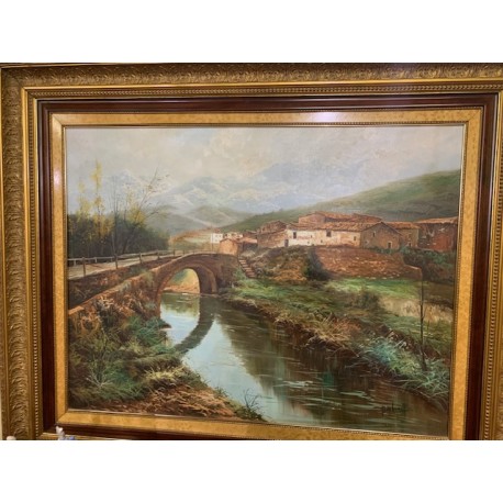Oleo paisaje pueblo con rio bajo un puente firmado