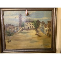 Oleo antiguo plaza pueblo firmado