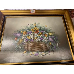 Oleo cesto con flores firmado M. Parra marco dorado