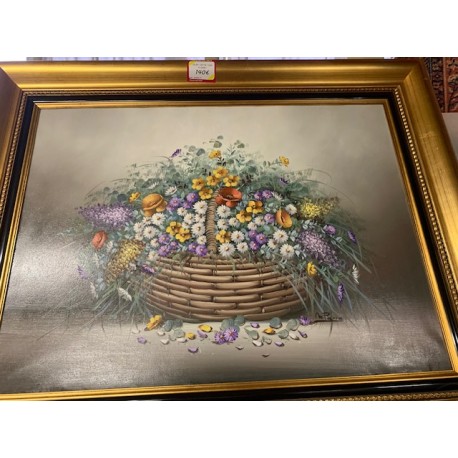 Oleo cesto con flores firmado M. Parra marco dorado