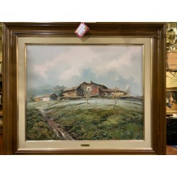 Oleo paisaje casa en montaña firmado Mascarell