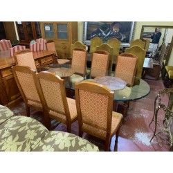 Mesa comedor 2 columnas tapa cristal oval + 6 sillas y 2 sillones