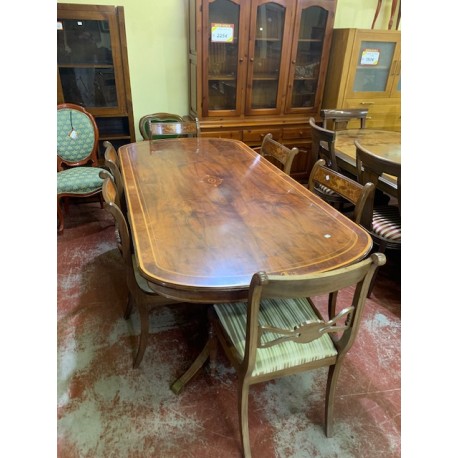 Mesa comedor ovalada nogal con marqueteria + 6 sillas