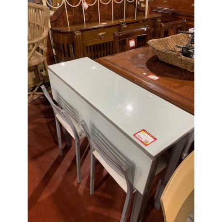 Mesa cocina con alas cristal glass + 2 banquetas