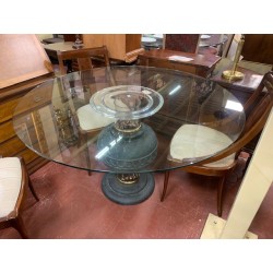 Mesa comedor columna color azul tapa cristal redondo