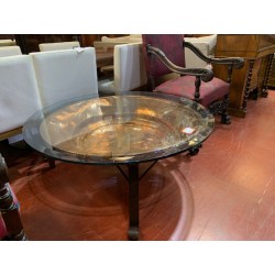 Mesa centro pie forja maciza plato cobre con cristal redondo