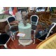 Mesa comedor columna marmol travertino tapa cristal redondo