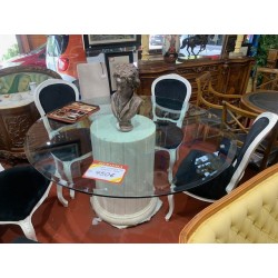 Mesa comedor columna marmol travertino tapa cristal redondo