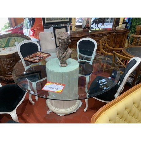 Mesa comedor columna marmol travertino tapa cristal redondo